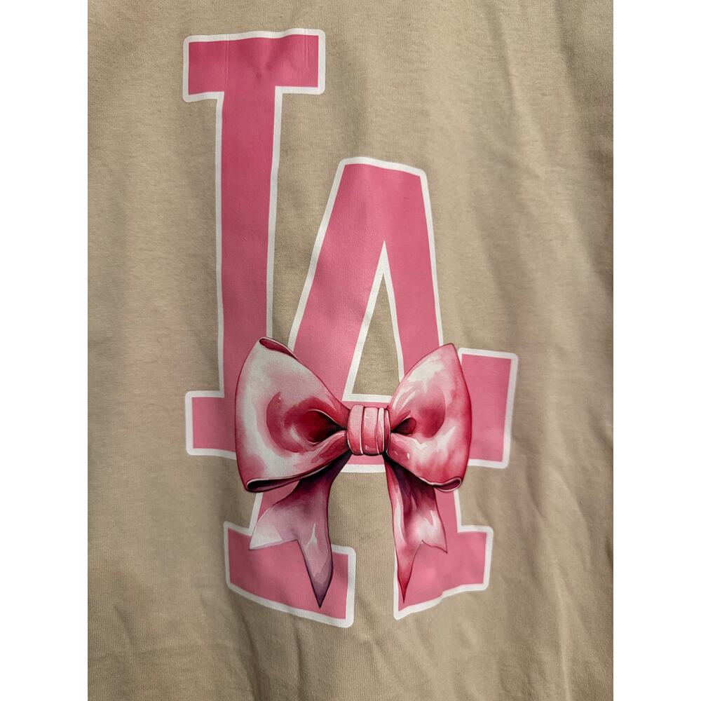 LA Bow Graphic T-Shirt Sand Color Pink Coquette Aesthetic Size Small - Picture 4 of 6